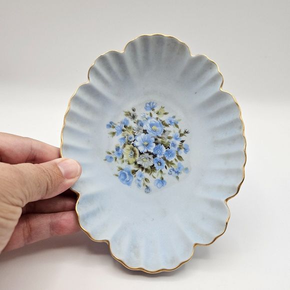 Lefton Soap Dish Hand Painted Porcelain Blue Floral Trinket Tray Plate Vintage - Picture 5 of 11